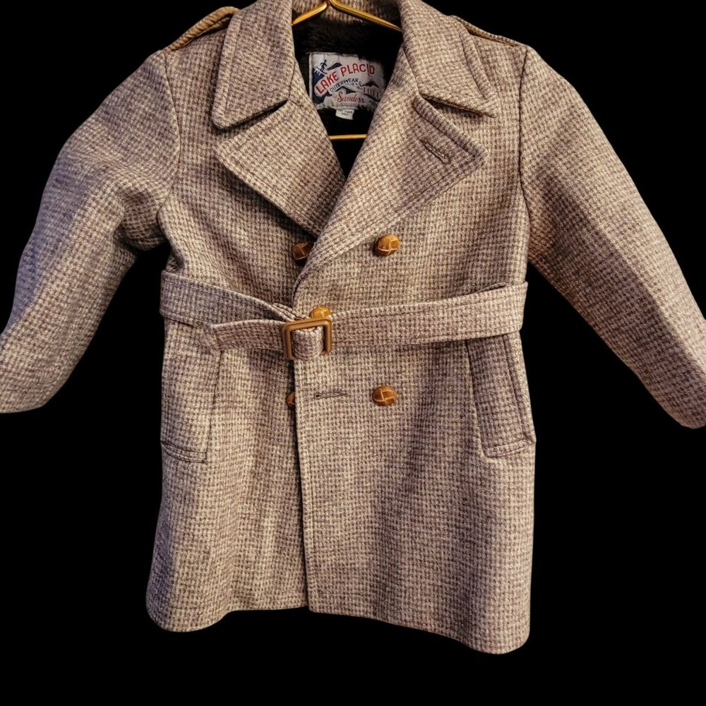 Vintage Lake Placid Boys Houndstooth Wool Double-Breasted Coat W/ Belt